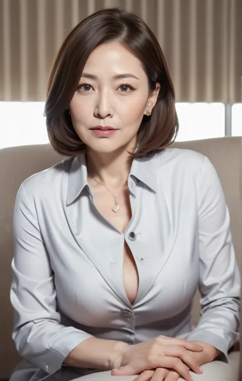 masutepiece,Best Quality, (Mature woman alone), ((Portrait:1.5)), makeup, Elegant gray suit, White shirt, Touching your own ches...