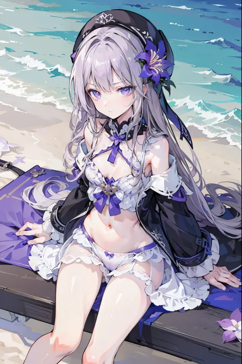 (best quality:1.3), (masterpiece:1.3), (illustration:1.3), (ultra-detailed:1.3), 1girl, solo, very young, flat chest, purple eyes, white hair, long hair, purple bikini, swimwear, beach, seaside, black headwear, beret, serious expression, angry expression, ...