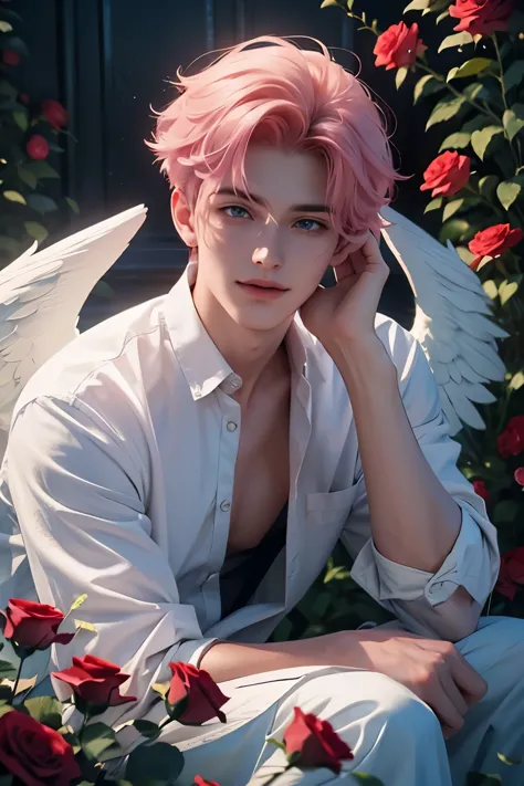 ((Best quality)), ((masterpiece)), (detailed), ((perfect face)), ((halfbody)) perfect proporcions, He is a handsome boy, 18 years old, he is cute, he has short pink hair, He is an angel, he is adorable, he has big blue eyes, he has angel wings, he smiles a...