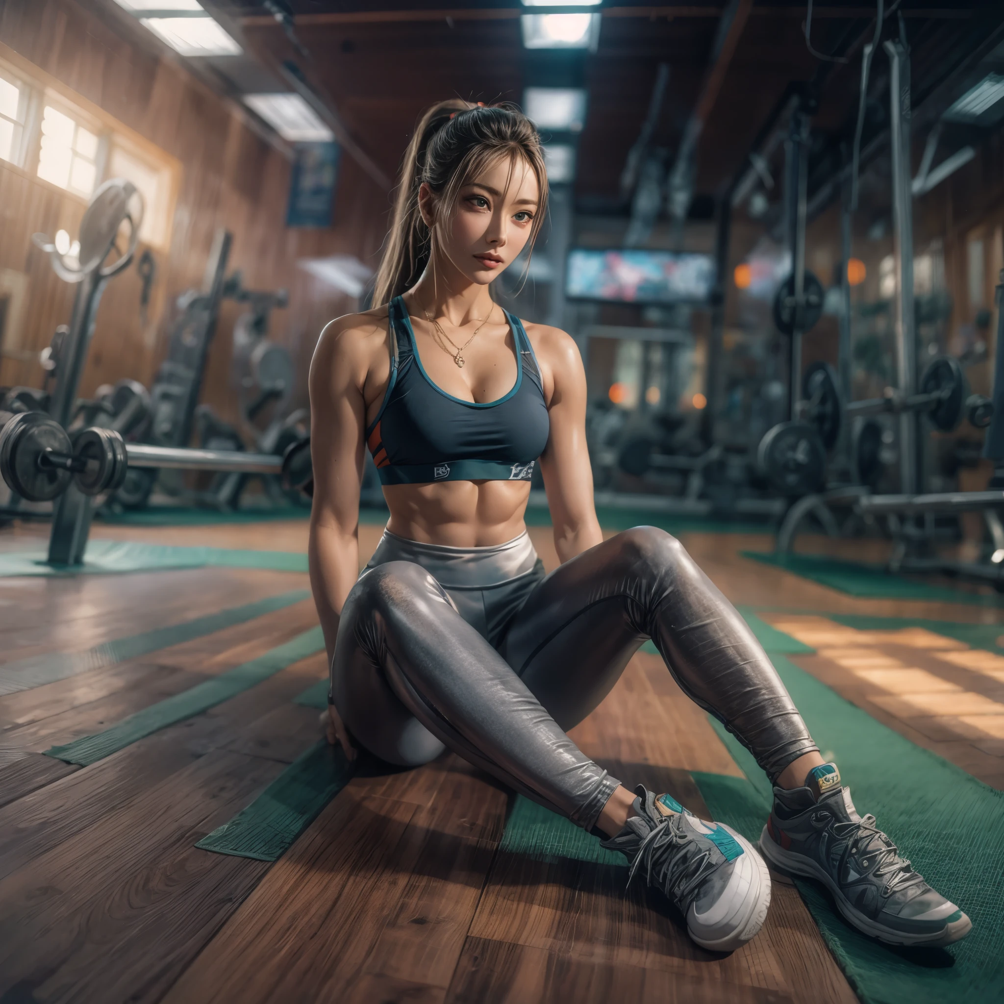 (best quality) Detailed sportswear girl, sitting on the gym floor, spread legs, wearing an intricate leggings and sports bra, highlighting the slight abs, and cinematic lighting perfects the overall ambiance.HDR, 8k, absurdres, cinestill 800, sharp focus, add_detail:2