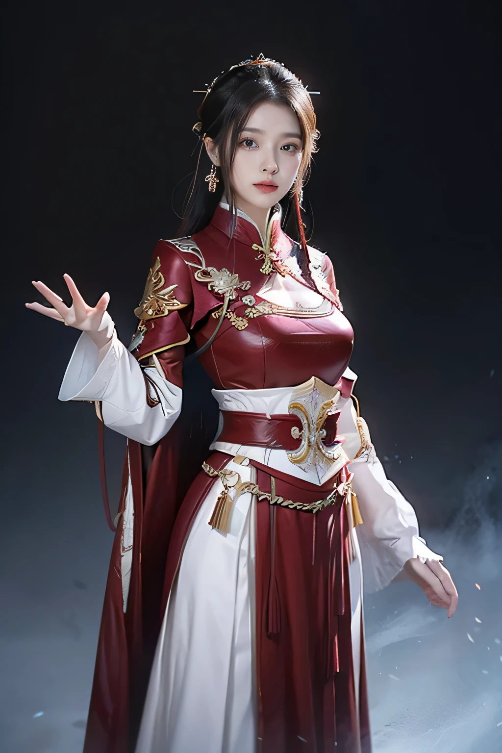 masterpiece，Best quality，A high resolution，8k，Original photo，real photo，Forest Background,((field：1.8))，digital photography，(Female generals on the battlefield of the Han Dynasty)，(((Standing on the grass)))，1 girl，（long ponytail hairstyle)，cparted lips，Full and firm breasts，Noble and charming，Elegant and serious，(Silver Armor），The combination of white metal and red leather，Chest armor，metallic luster，Leather buckle，Exquisite pattern，mysterious badge，Cool and gorgeouig breasts))，Chest groove，Three Kingdoms character painting style，Photo pose，oc render reflection texture，Bright colors，Looking at the camera，Bright afternoon