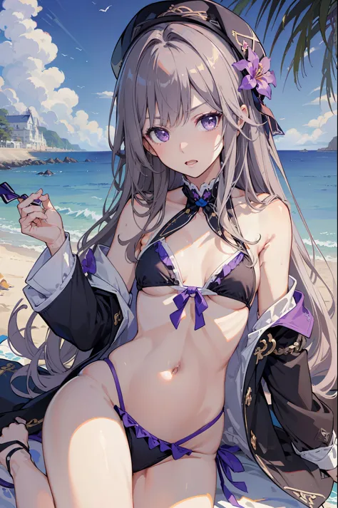 (best quality:1.3), (masterpiece:1.3), (illustration:1.3), (ultra-detailed:1.3), 1girl, solo, very young, flat chest, purple eyes, white hair, long hair, (((bikini, swimwear,))) beach, seaside, black headwear, beret, serious expression, angry expression, b...