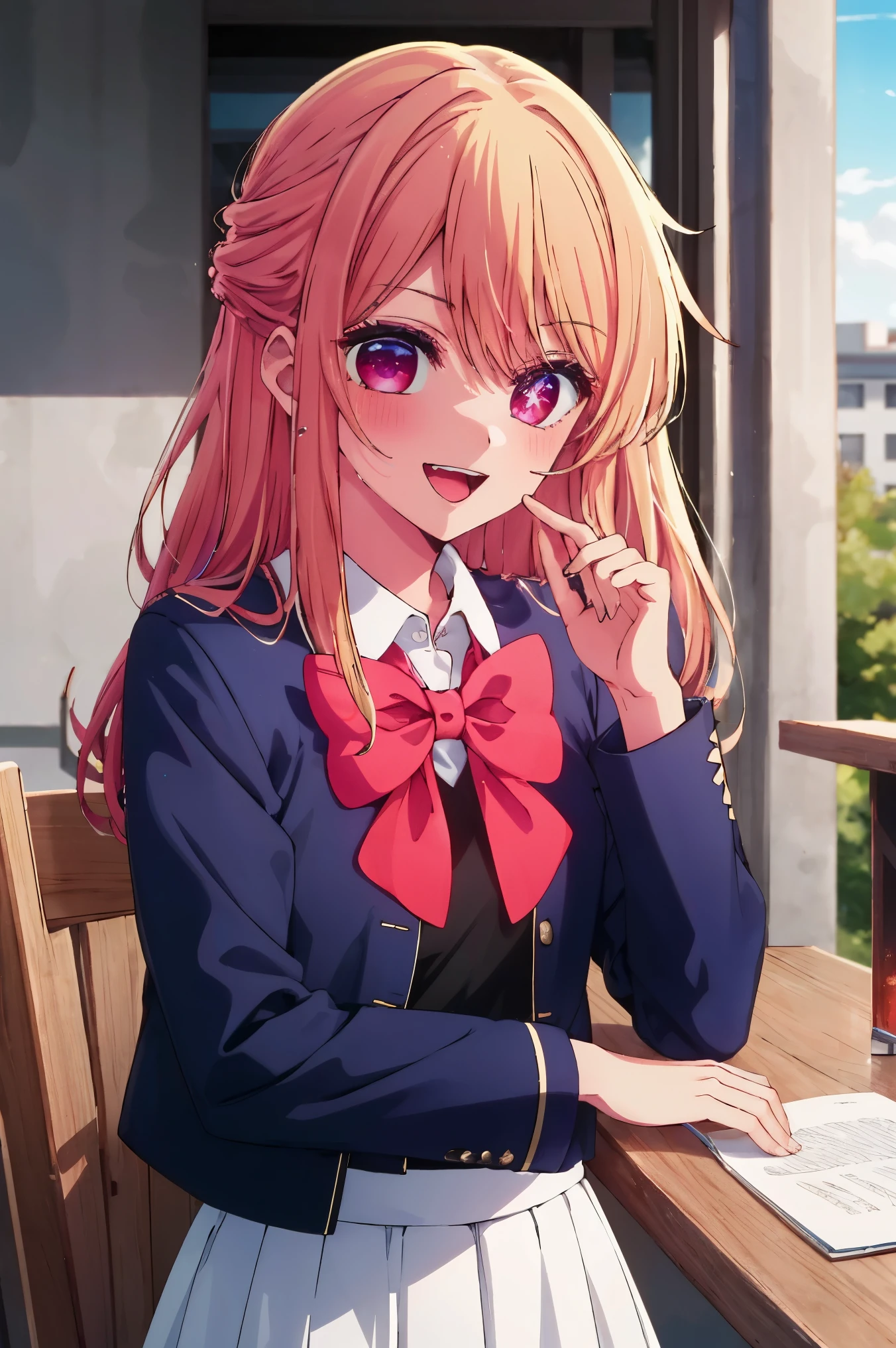 Anime girl with long pink hair and glasses sitting at a table - SeaArt AI