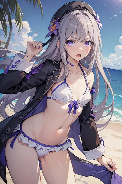 (best quality:1.3), (masterpiece:1.3), (illustration:1.3), (ultra-detailed:1.3), 1girl, solo, very young, flat chest, purple eyes, white hair, long hair, (((bikini, swimwear,))) beach, seaside, black headwear, beret, serious expression, angry expression, b...