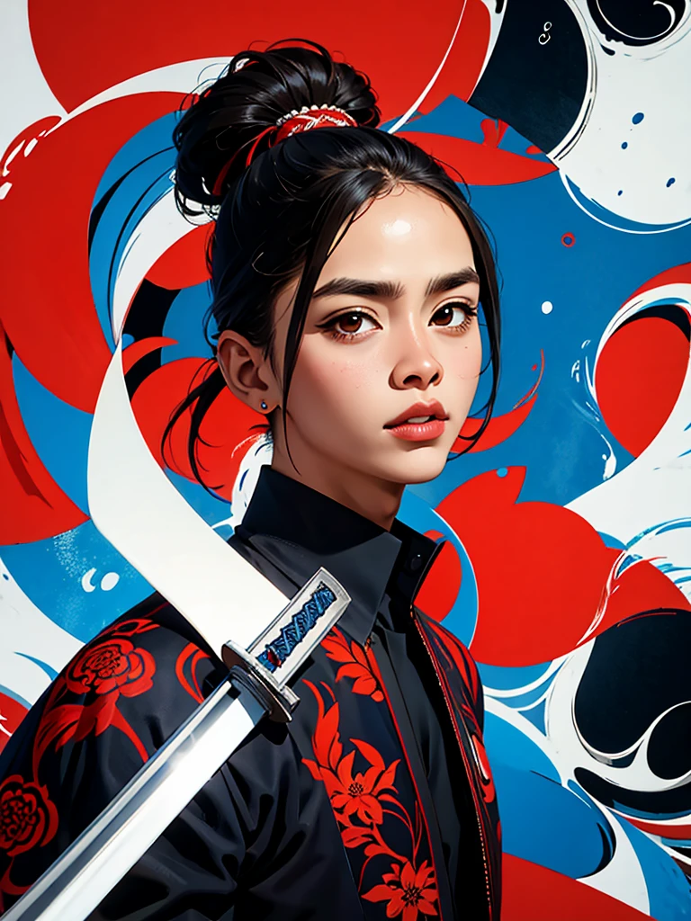 a close up portrait, blue and red graphic logo illustration, vector, clean design, intricate detail, monochromatic color, solid white background, made with adobe illustrator, in the style of Studio Gibli, nature, indonesia man wear samurai with a sword, splash, color splash, Hanok background,CEO