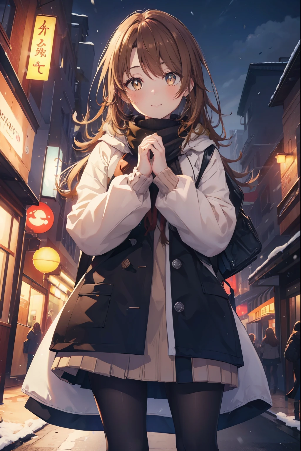 irohaisshiki, Isshiki Iroha, long hair, brown hair, (brown eyes:1.5), smile,blush,yellow long coat,sweater,red muffler,Ankle-length long black skirt,black tights,short boots,winter,It&#39;s snowing,
break outdoors, In town,building street,
break looking at viewer,
break (masterpiece:1.2), highest quality, High resolution, unity 8k wallpaper, (figure:0.8), (beautiful and fine eyes:1.6), highly detailed face, perfect lighting, Very detailed CG, (perfect hands, perfect anatomy),