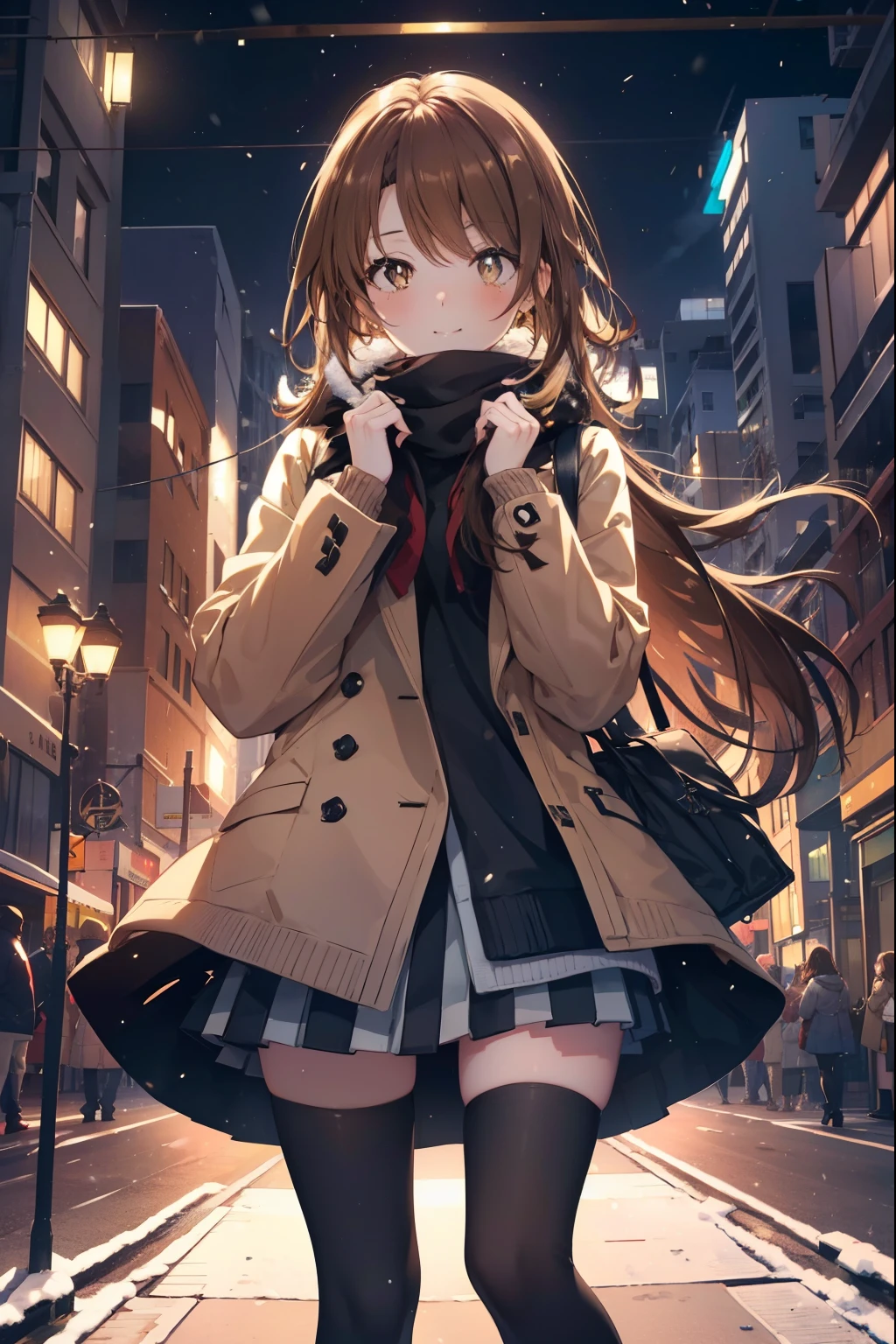 irohaisshiki, Isshiki Iroha, long hair, brown hair, (brown eyes:1.5), smile,blush,yellow long coat,sweater,red muffler,Ankle-length long black skirt,black tights,short boots,winter,It&#39;s snowing,
break outdoors, In town,building street,
break looking at viewer,
break (masterpiece:1.2), highest quality, High resolution, unity 8k wallpaper, (figure:0.8), (beautiful and fine eyes:1.6), highly detailed face, perfect lighting, Very detailed CG, (perfect hands, perfect anatomy),