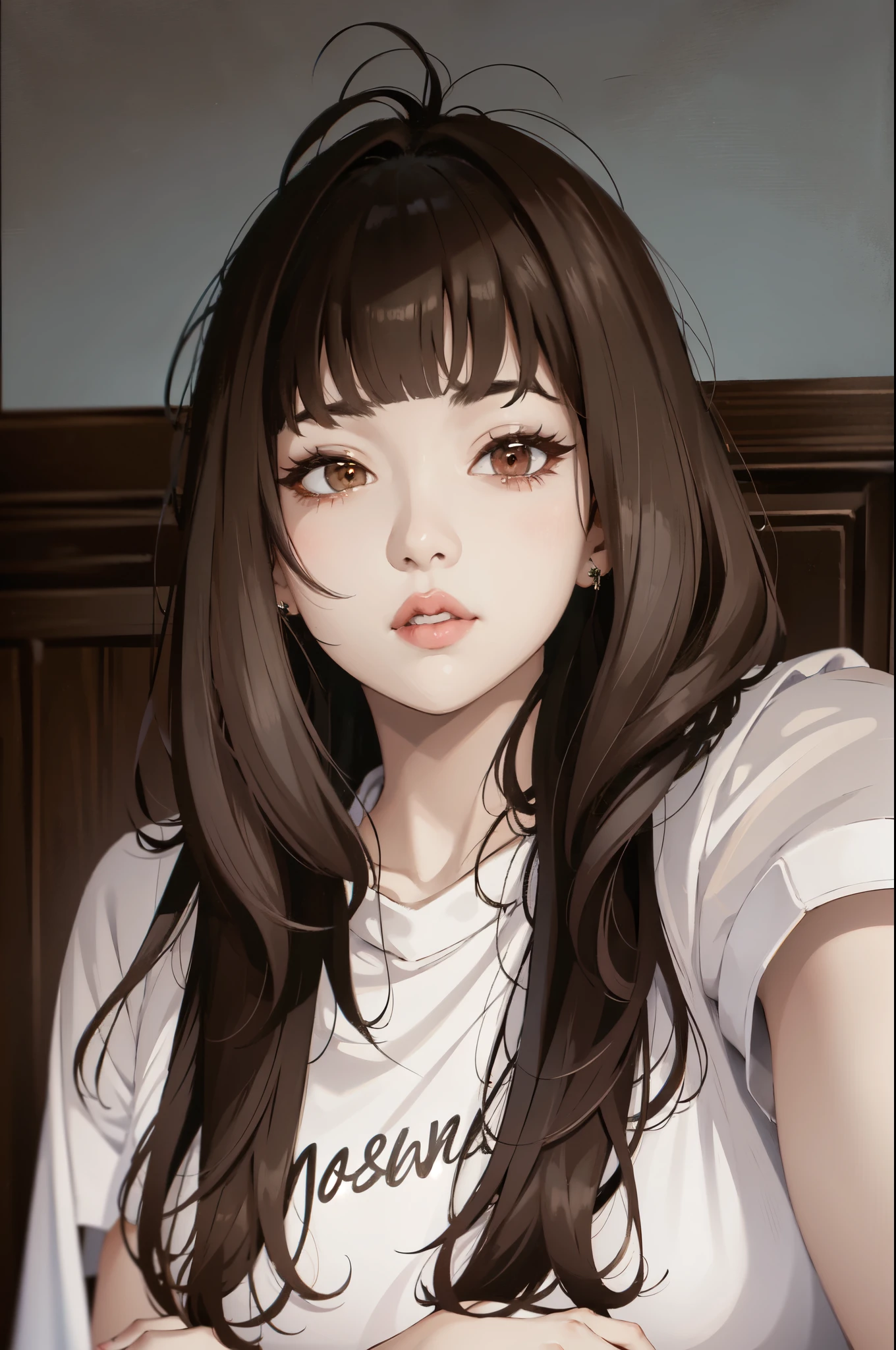 A woman with long hair and a white shirt sitting down - SeaArt AI