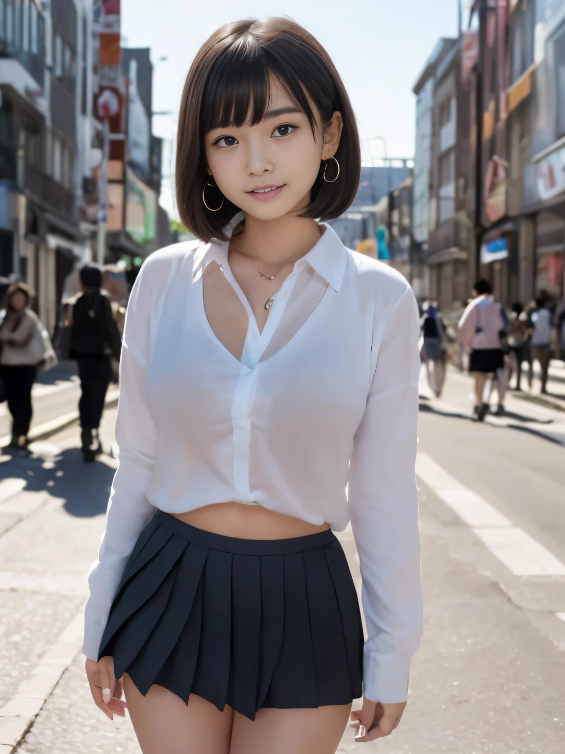 (Surrealism, RAW photo, Nikon, 8k, super detail, masterpiece, high details, intricate details, super detailed, realistic lighting), 
(anatomically correct, very accurate human body, highly detailed face, realistic skin, realistic portrayal of characters), 
(16 years old, Japanese younger sister, Japanese high school girl, slim waist and busty body, baby face, younger sister girl, affectionate cute, cute girl, surreal girl), 
(round face, black hair, short bob cut, see-through bangs, Down-slating eyebrows, troubled eyebrows, lowered eyebrows, Moist eyes, one little earring, light blush), 
(standing in the street, lift up the skirt, panty shot, Skirt flies up, revealing white panties:1.5), 
(Embarrassing expression, embarrassed), 
(colorful micro mini skirt, brightly colored jacket), 
(Bustling city background during daytime, large crowd of people)
Natural lighting, full length, whole body