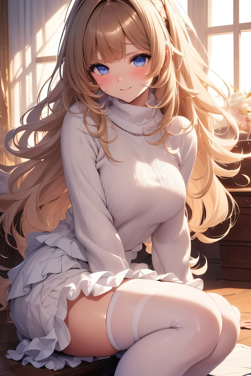 best quality, 32k, RAW photo, incredibly absurdres, extremely detailed, delicate texture, cute woman, (glossy light brown fluffy flowing layered side blow bangs medium hairstyle), wearing fluffy long-pile knit sweater, fluffy skirt, skirt lift, pantyhose, fluffy long boots, amorous and lewd expression, superlative body proportion, (background iridescent pastel color:1.1)