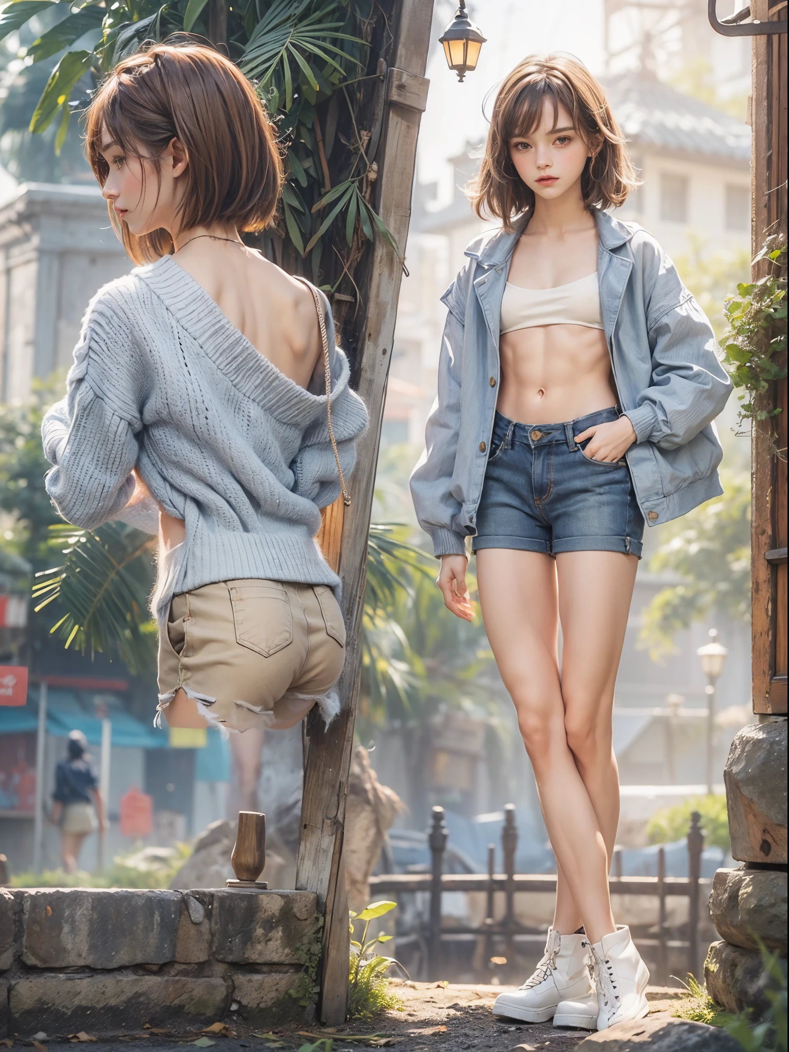 A woman in a short skirt and a sweater is posing for a picture - SeaArt AI