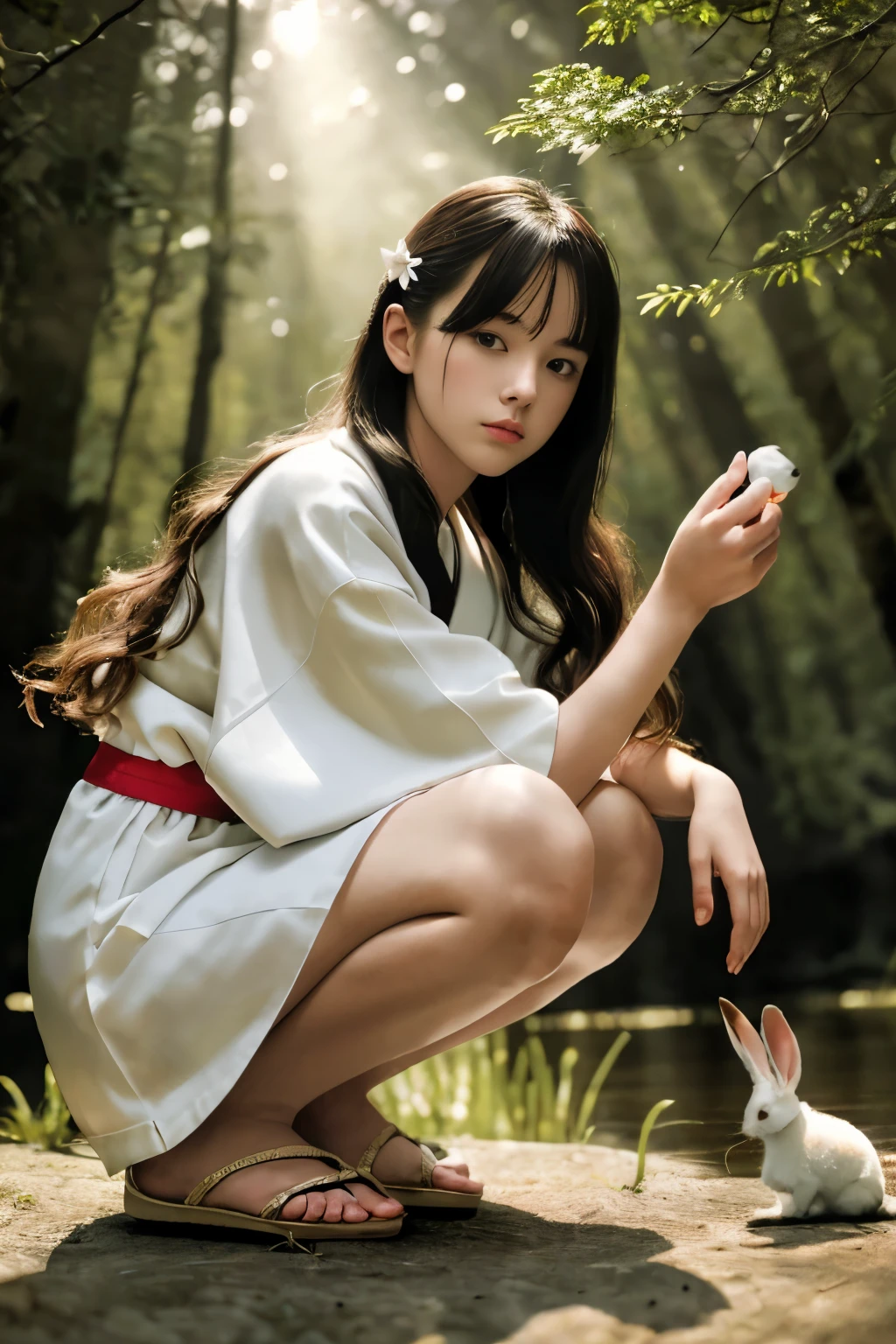 шедевр, Лучшее качество, Гиперреалистичный, Кинематографическое фото, 18-летняя девушка, бледная кожа, Японское удивительное стройное и подтянутое тело, маска самурая заколка, Украшенная юката, босая нога, держит белого кролика, длинные каштановые волнистые волосы, Большие ноги, идеальные руки, Красивое лицо, идеальное лицо, молодой, (размытый фон), Современный стиль, снизу, (съемка с низкого ракурса), выстрел в полный рост, приседание, под выстрелом, (Посмотреть средство просмотра), Глядя на зрителя,(8К, эпическая композиция, фотореалистичный, острый фокус), сложный фон, пруд в лесу в качестве фона, зеркальная камера, фольга зерна, подсветка