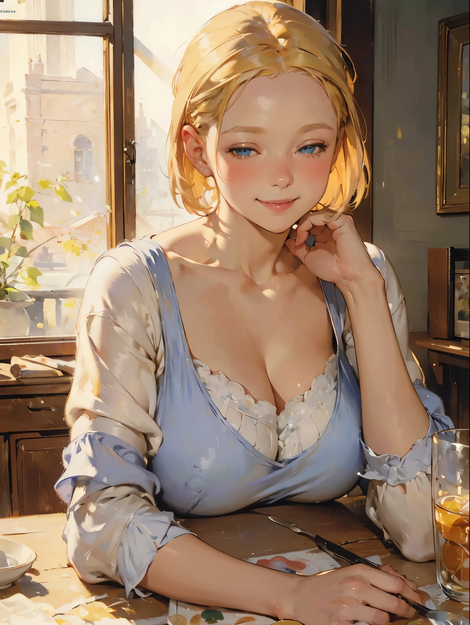 art by (Carl Larsson:1.2),(post-Impressionist),,((oil painting)),soft lighting,COOL,cammy sf6, 1girl,solo,blonde hair, short hair,blue eyes, large breast, scar on cheek , face,nose blush,(half-closed eyes),detailed eyes,looking at viewer,(smile:1.3),