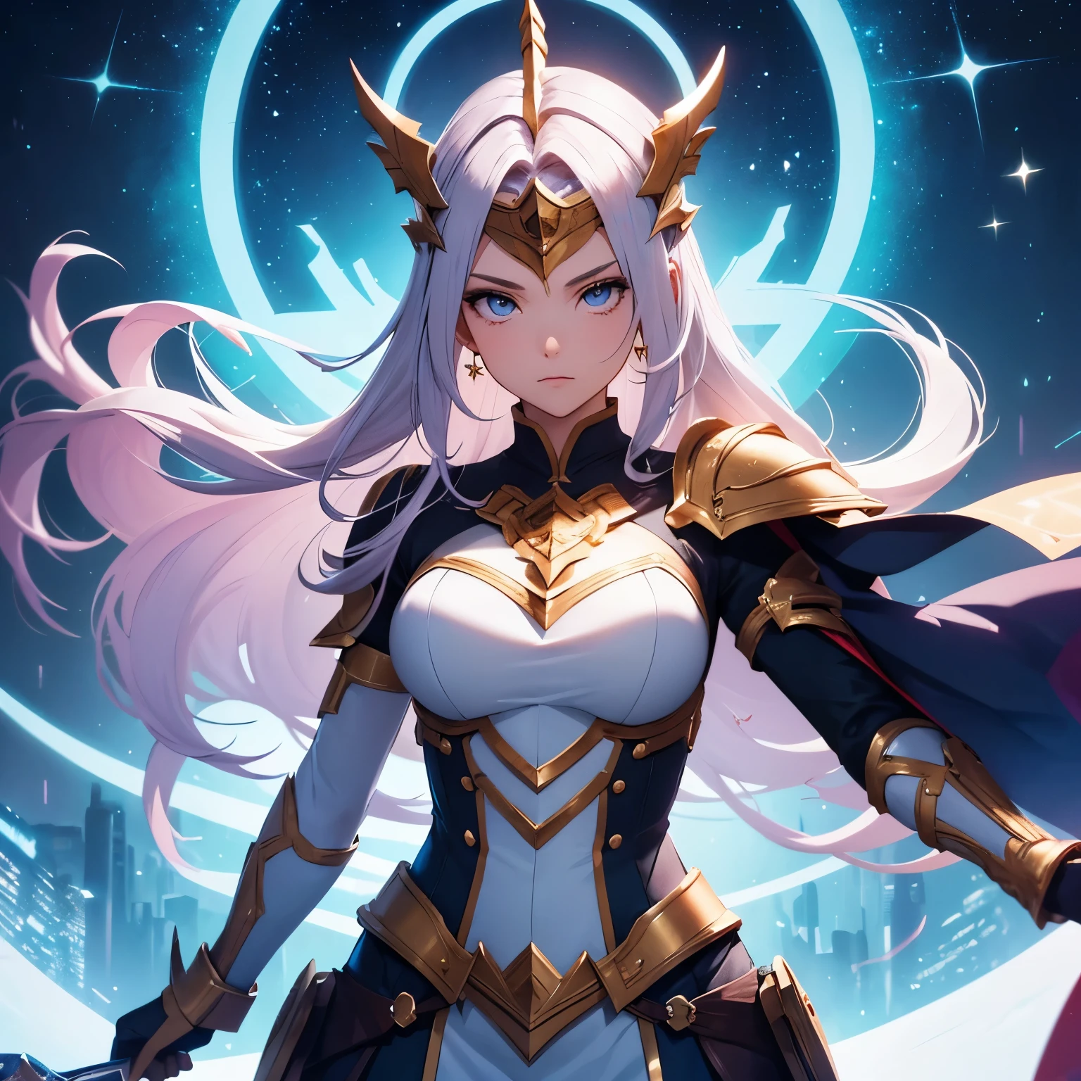 ((masterpiece, highest quality)), (detailed face), character design sheet，(full body esbian), ((perfect proportions))，((Full of details)), ((Multiple poses and expressions)), (very detailed), ((beautiful paladin girl))，with a shield，((fascinating))，blue pink gradation hair color，fine eyes, ((beautiful eyes)), ((See-through))，(High Balance), Overhead halo，Natural light，(Star decoration),