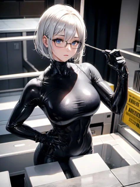 top quality 8k uhd、short hair、pieces fly、cute eyes、silver hair、glasses、logic、logic骨格系々、full body gloss、beautiful woman wearing a...