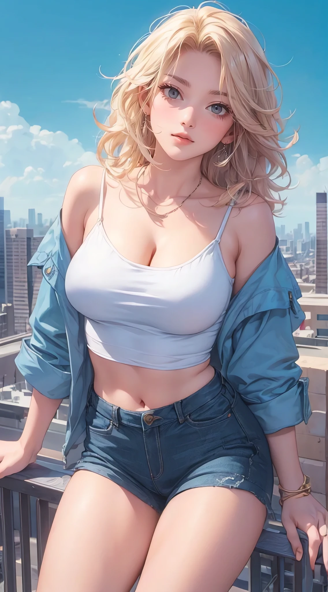 best quality, masterpiece, ultra-detailed, photorealistic, wavy hair, nice breasts, slim waist, wide hips, thick thighs, big gorgeous eyes, luscious lips, casual clothes, big city, anime realism by ayami kojima and donato giancola