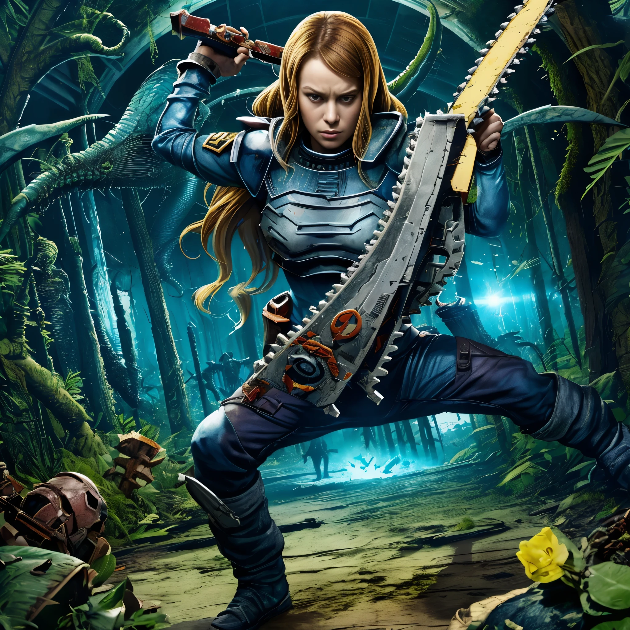 A woman in a blue outfit holding a chainsaw in a forest - SeaArt AI