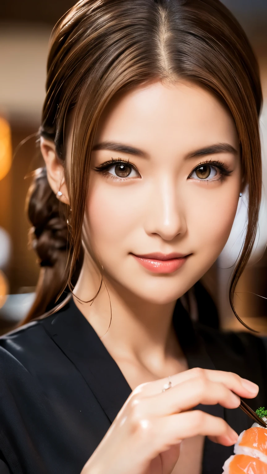 (surreal), (figure), (High resolution), (8K), (very detailed), (Best figure), (beautiful and detailed eyes), (highest quality), (super detailed), (masterpiece),Beautiful sushi master woman,