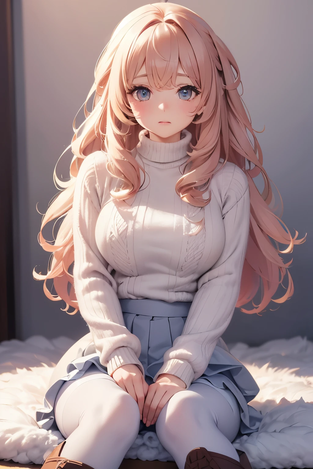 best quality, 32k, RAW photo, incredibly absurdres, extremely detailed, delicate texture, cute woman, (fluffy layered side blow flowing glossy medium hair), wearing fluffy long-pile knit sweater, fluffy skirt, skirt lift, pantyhose, fluffy long boots, superlative body proportion, background pastel color