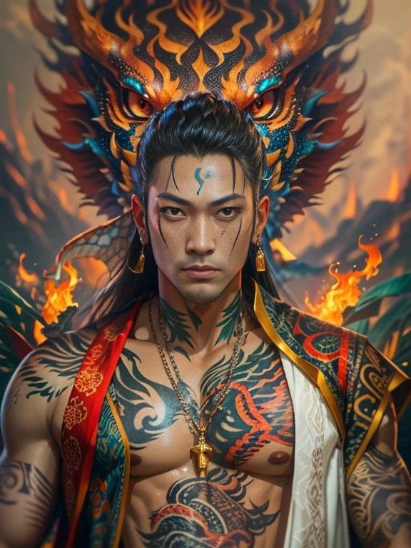 bel homme taïwanais de 30 ans, pose du roi fu, yeux intenses, regarder directement la caméra, ((tatouages lumineux magiques)), dragon féroce, costume oriental sexy, feu, magnifique, couleurs vives, Tout le corps, plan lointain