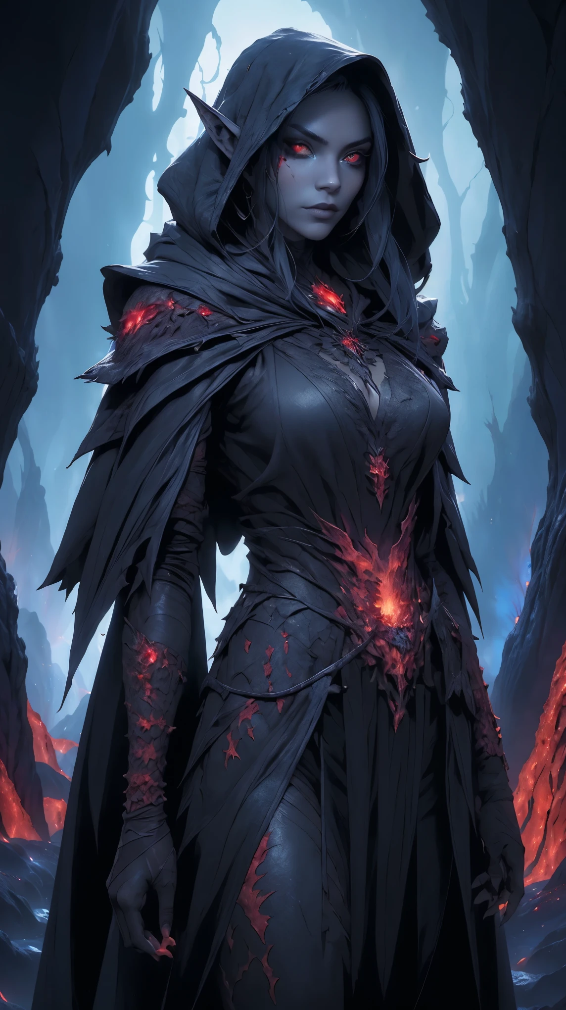drow, female, pointy ears, only, Once, belly button, hood, colored skin, diaphragm, looking at the viewer, long hair, layer, Dark Elf, old, cana, hood up, cable, old medianos, Hooded coat, beltt, if, Red eyes, gray skin, orange eyes, Upper part of the body, weapon, bright Eyes, lipstick piece, The best quality)), arte por Greg Rutkowski, trends on Artstation,(dark forest background big leaves colors:1.4) ,(perfect anatomy),(Beautiful blue eyes),(Lava volcano fire texture red suit:1.4), (Lava fire red costume:1.4)