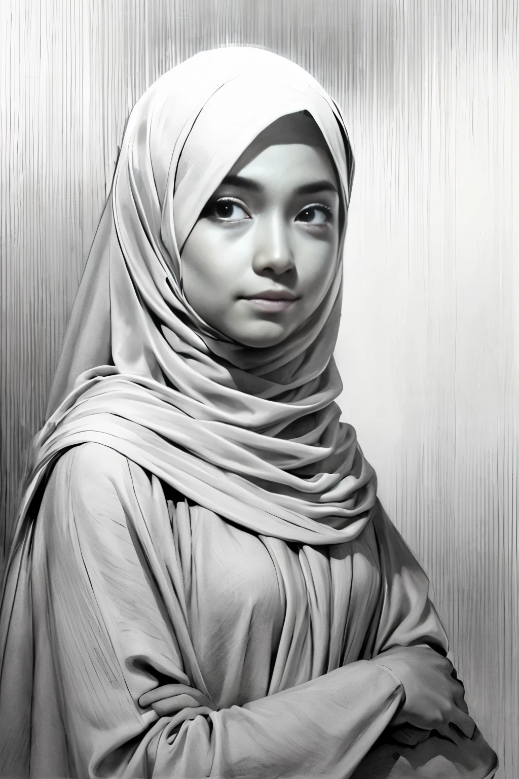 ((pencil art)),1girl, hijab malay girl, smile, serene, calm, soft dramatic lighting, depth of field, monochrome, vibrant details, finely detailed, hyperrealistic, 