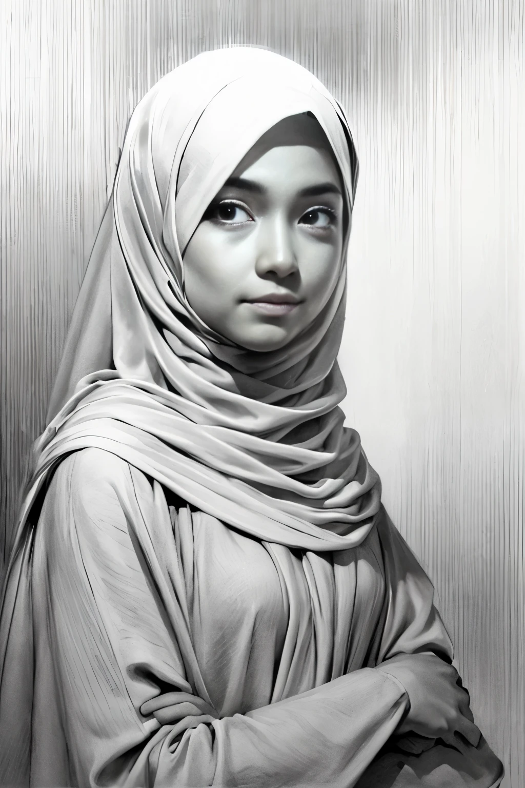 ((Arte del lápiz)),1 chica, NIÑA MALAYA HIJAB, sonrisa, sereno, calma, Iluminación suave y dramática, profundidad de campo, monocromo, detalles vibrantes, finamente detallado, Híper realista, 