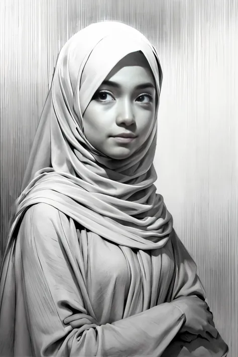 ((pencil art)),1girl, hijab malay girl, smile, serene, calm, soft dramatic lighting, depth of field, monochrome, vibrant details...
