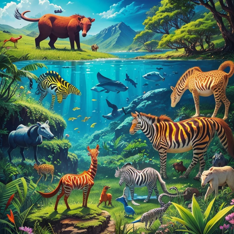 Vibrant animal kingdom. Diverse species. Lush habitats. Wildlife wonders. By nature illustrator.