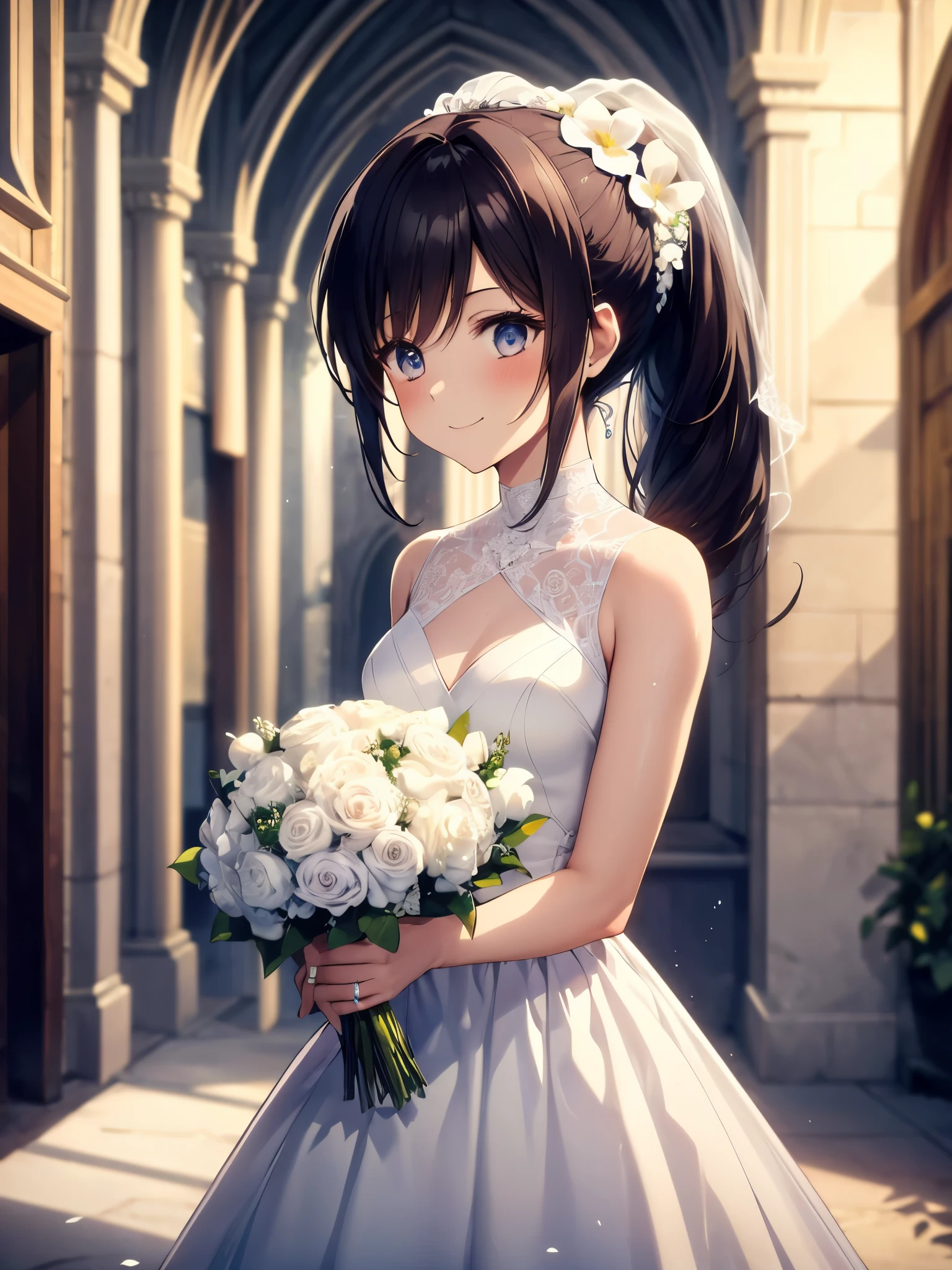 one girl, ponytail, High resolution,masterpiece,highest quality, ,1 girl, alone, hair flower, wedding d again ss, holding a bouquet in hand, Chacha, smile, church, white bridal veil, Wedding dress, wedding style, whole body, exposed, put out one&#39;s shoulders, show your skin, white dress