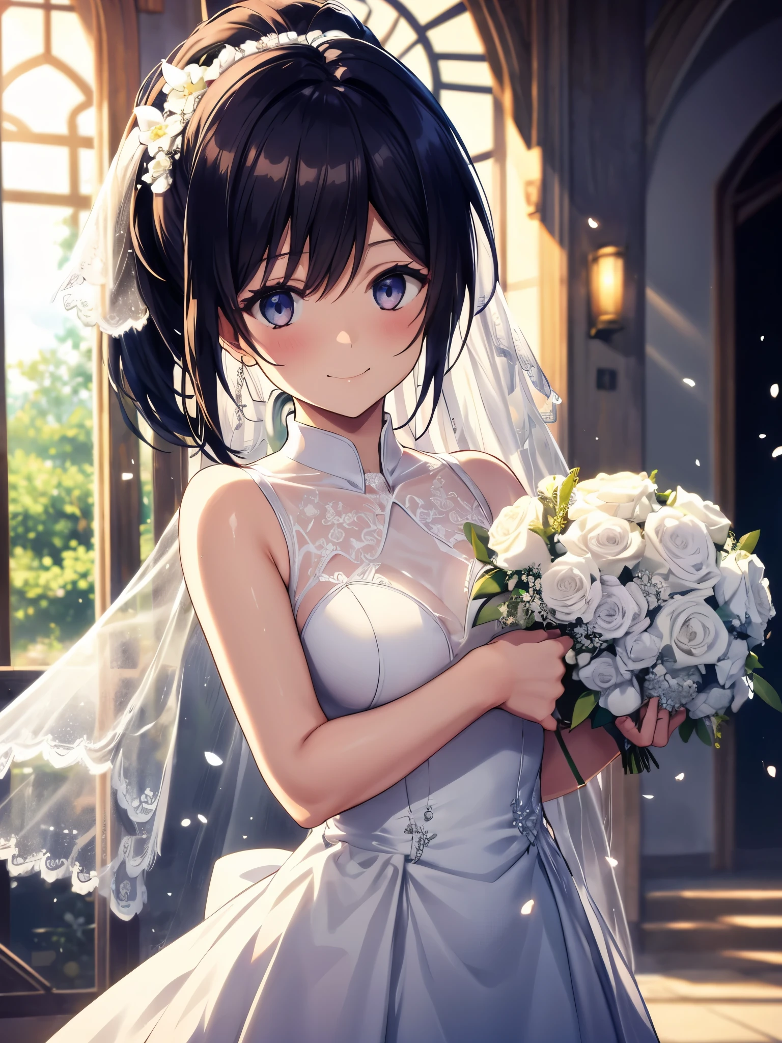 one girl, ponytail, High resolution,masterpiece,highest quality, ,1 girl, alone, hair flower, wedding d again ss, holding a bouquet in hand, Chacha, smile, church, white bridal veil, Wedding dress, wedding style, whole body, exposed, put out one&#39;s shoulders, show your skin, white dress, ニヤッとしたsmile