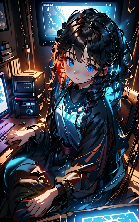 dark room、a natural gamer、High Specｐｃgirl playing games with、(((My eyes are on the monitor screen、Girl staring seriously at the ...