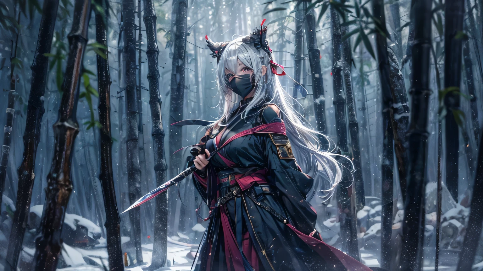 4K, realistic, in great detail, dark night, ((very delicate eyes)) Blind eyes, There is a girl in the bamboo forest, she is a ninja, Sharp eyes behind the mask covering the face, super big, big bust, He holds two delicate-looking daggers in both hands., Two hands holding a dagger in front of me, soft clothes, long hair, wearing a bikini, ninja outfit, 25 years old, whole body