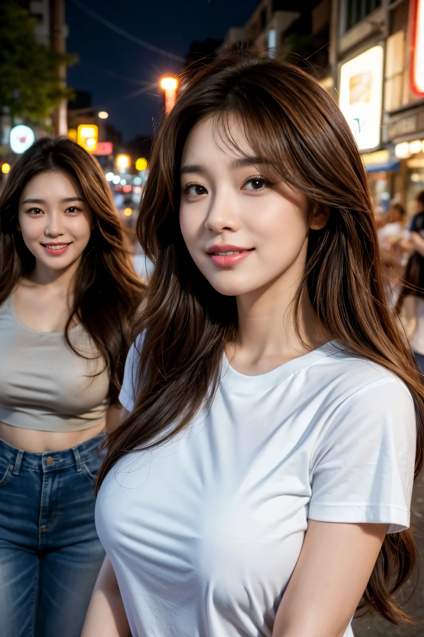 best quality,8k, Detailed facial depictions, Detailed eye description, Brown hair(long wavyhair),two beautiful Korean women (dont use the same face), 40 years old, slim body, huge breast , tshirt and short jean , they joke and laugh on the streets of many people in Itaewon Korea , long exposure