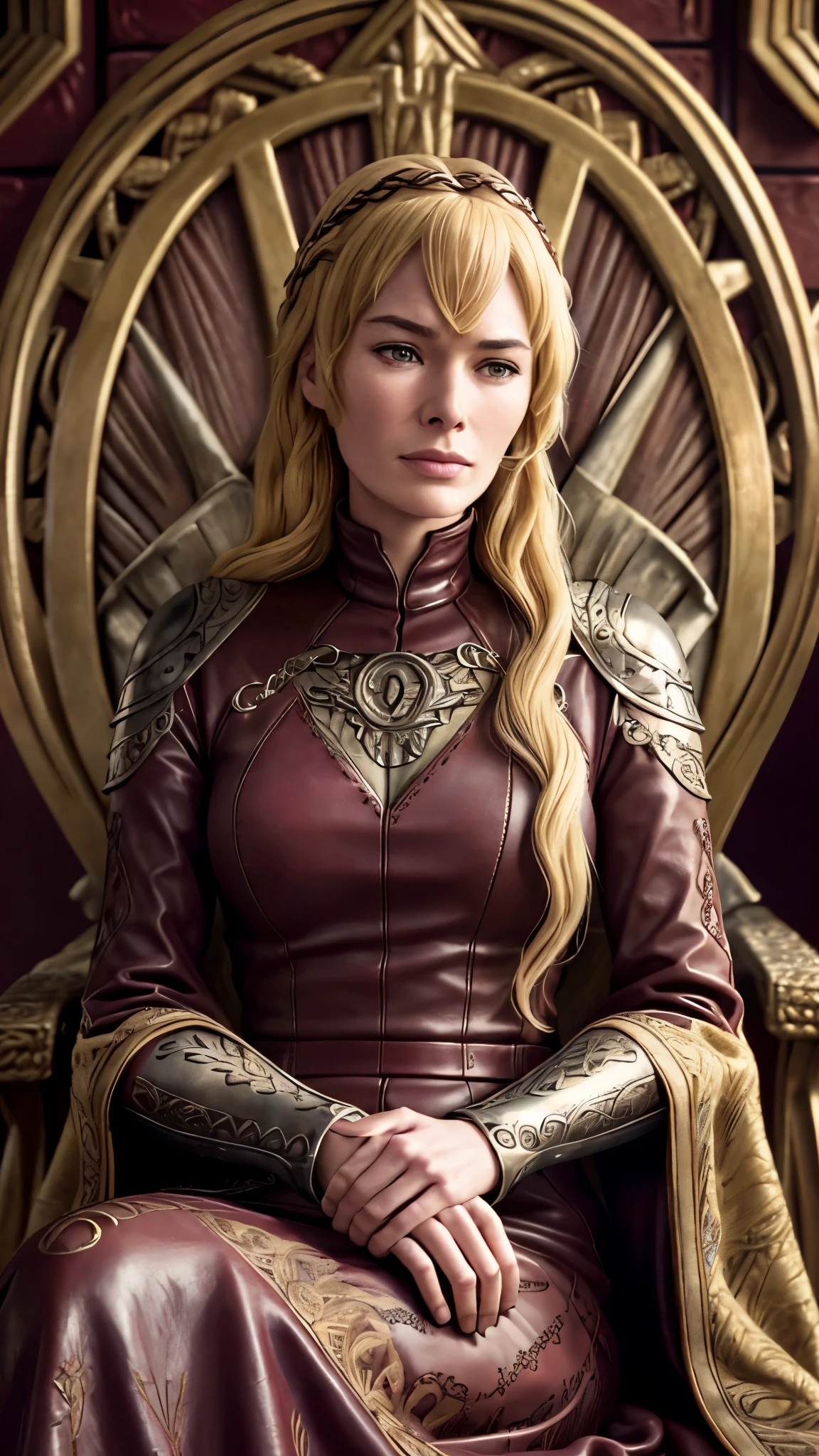 Lenaheadey dans le rôle de Cersei Lannister, ((longues mèches blondes)), dans une robe en cuir marron est assis sur le trône de fer, de Quentin Tarantino, 1femme, seulement, beautiful détaillé glow, détaillé, lumière cinématographique, détail complexe, Réaliste, haute résolution, détaillé facial features, Détails élevés, netteté, lisse, Esthétique, extremely détaillé, timbre, rendu d&#39;octane