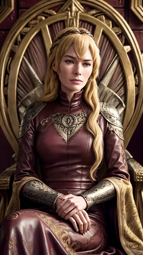 lenaheadey as Cersei Lannister, ((long blonde locks)), in a maroon leather dress is sitting on the Iron Throne, by Quentin Taran...