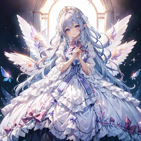 soft expression,((light smile,Happy:1.5))((Sparkling fluffy layered ball gown)),A large and beautiful dress inspired by rose flowers, lots of flowers、frills、Intricate billowy ball gown with rhinestones ( table top, art station, fantasy art:1.2), See here,S...
