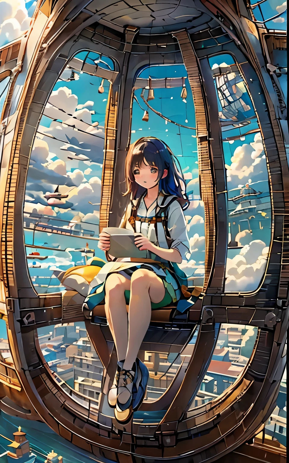 representación realista、Una chica、corrupto、sosteniendo un cojín、Mientras viaja en dirigible、espectacular vista desde la ventana、Un misterioso mundo diferente、