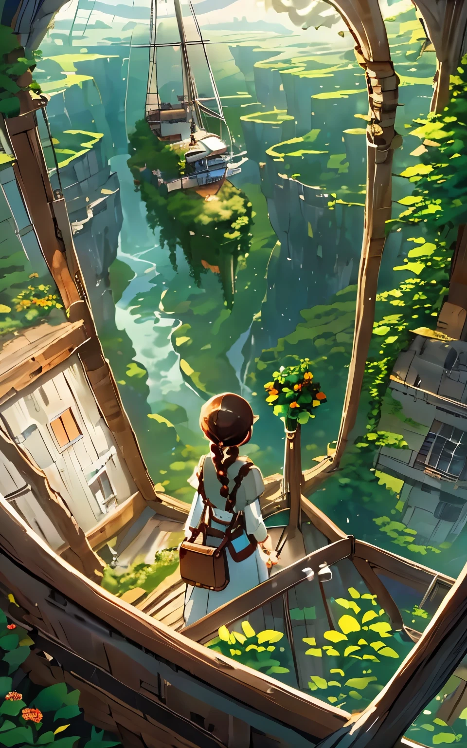 realistic depiction、one girl、Braid、While traveling by airship:1.3、spectacular view from the window、A mysterious different world、The forest spreading out below、