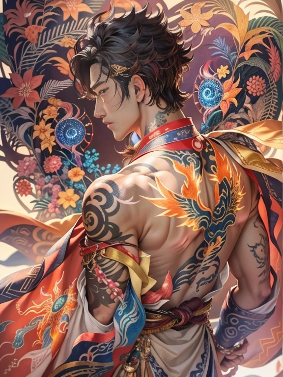 Handsome 30 year old Korean man, dancing pose, alluring eyes, looking directly at camera, ((magical glowing tattoos)), oriental multicolored phoenix in the background, sexy gold oriental robes with flowy transparent fabric, flickering embers, magnificent, vibrant colors, half body, back view, looking back at camera