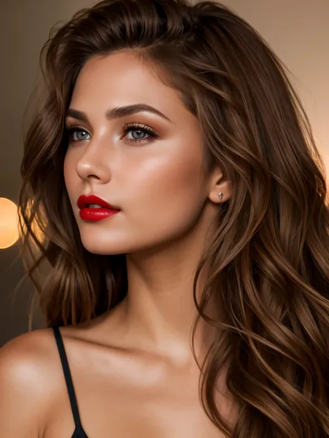 beauty girl face photographed from the side, long wave brown hair, brown eyes, red lips, cinematic lighting, masterpiece, anatom...