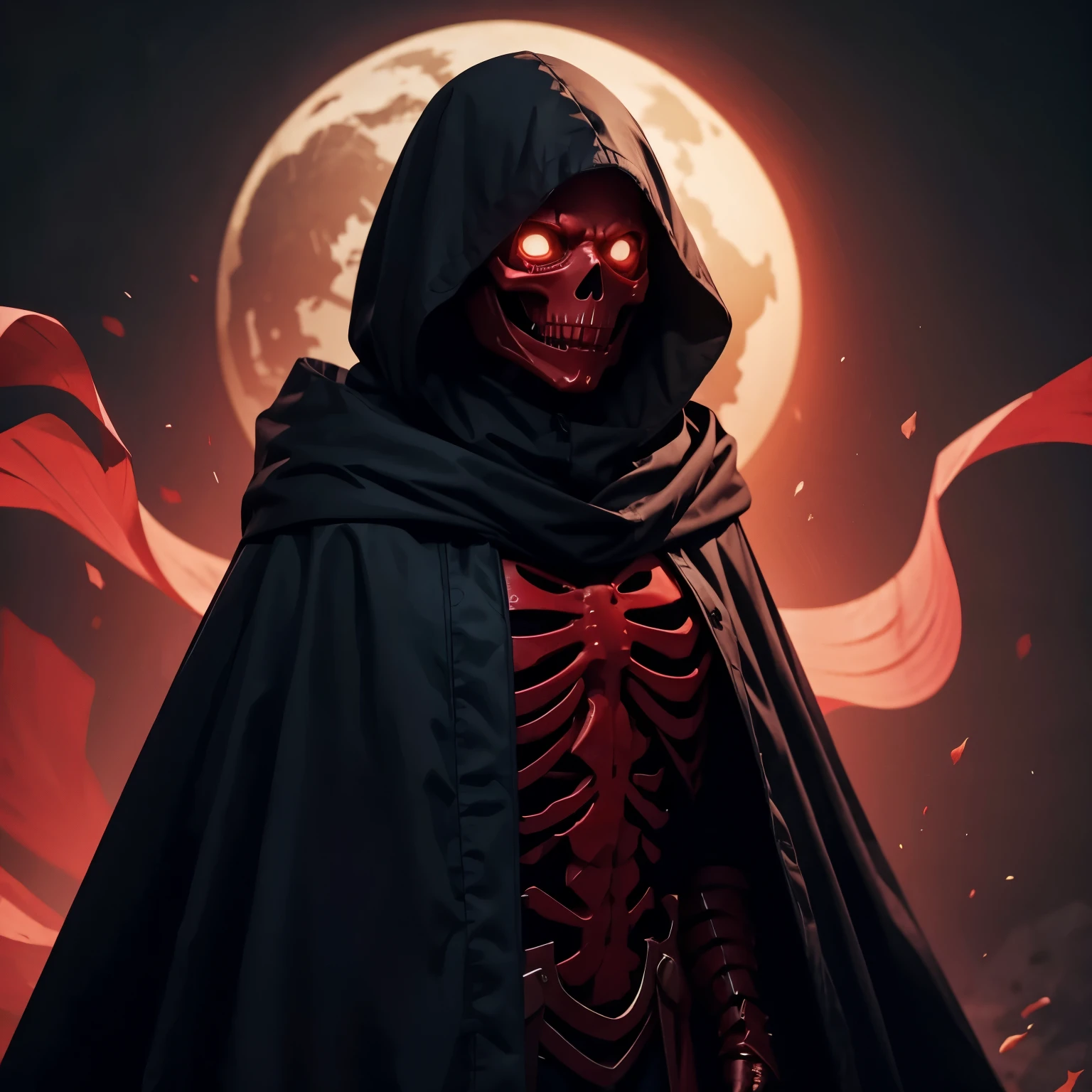 Female red skeleton short body wearing long coat and a full mask with a cloak, bright red eyes