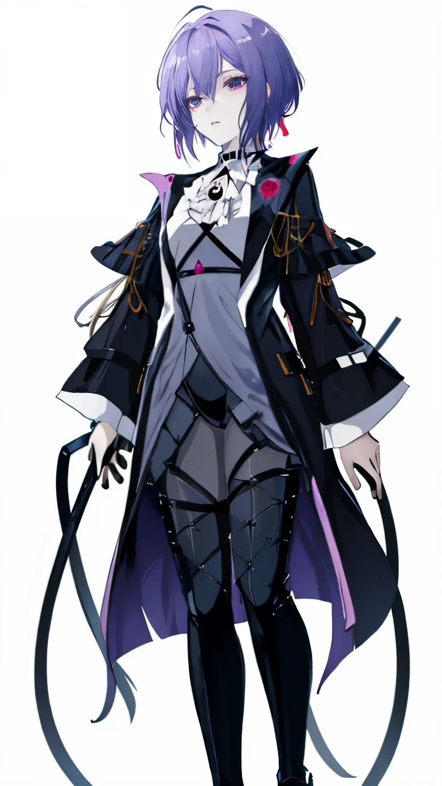 Character Design, full body, anime girl with purple hair and black shirt, A delicate and androgynous prince, beautiful androgynous prince, inspired by Matsumura Goshun, beautiful anime overview, flat anime style shading, girl portrait knight, with short hair, Anime-style characters, colored accurately, colored line drawing, anime youth