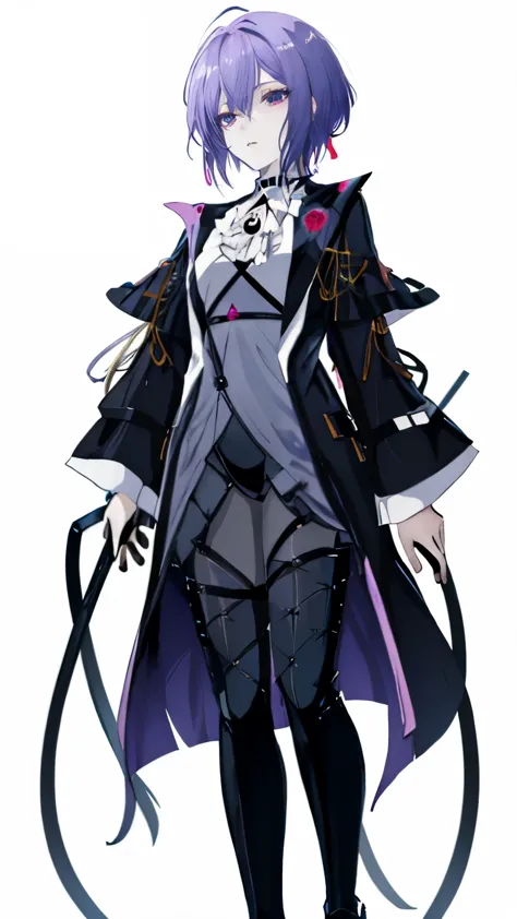 Character Design, full body, anime girl with purple hair and black shirt, A delicate and androgynous prince, beautiful androgynous prince, inspired by Matsumura Goshun, beautiful anime overview, flat anime style shading, girl portrait knight, with short ha...