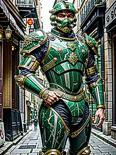 photo of a french man, wearing (jade power armor), city street, helmet, realistic, masterpiece, intricate details, detailed back...