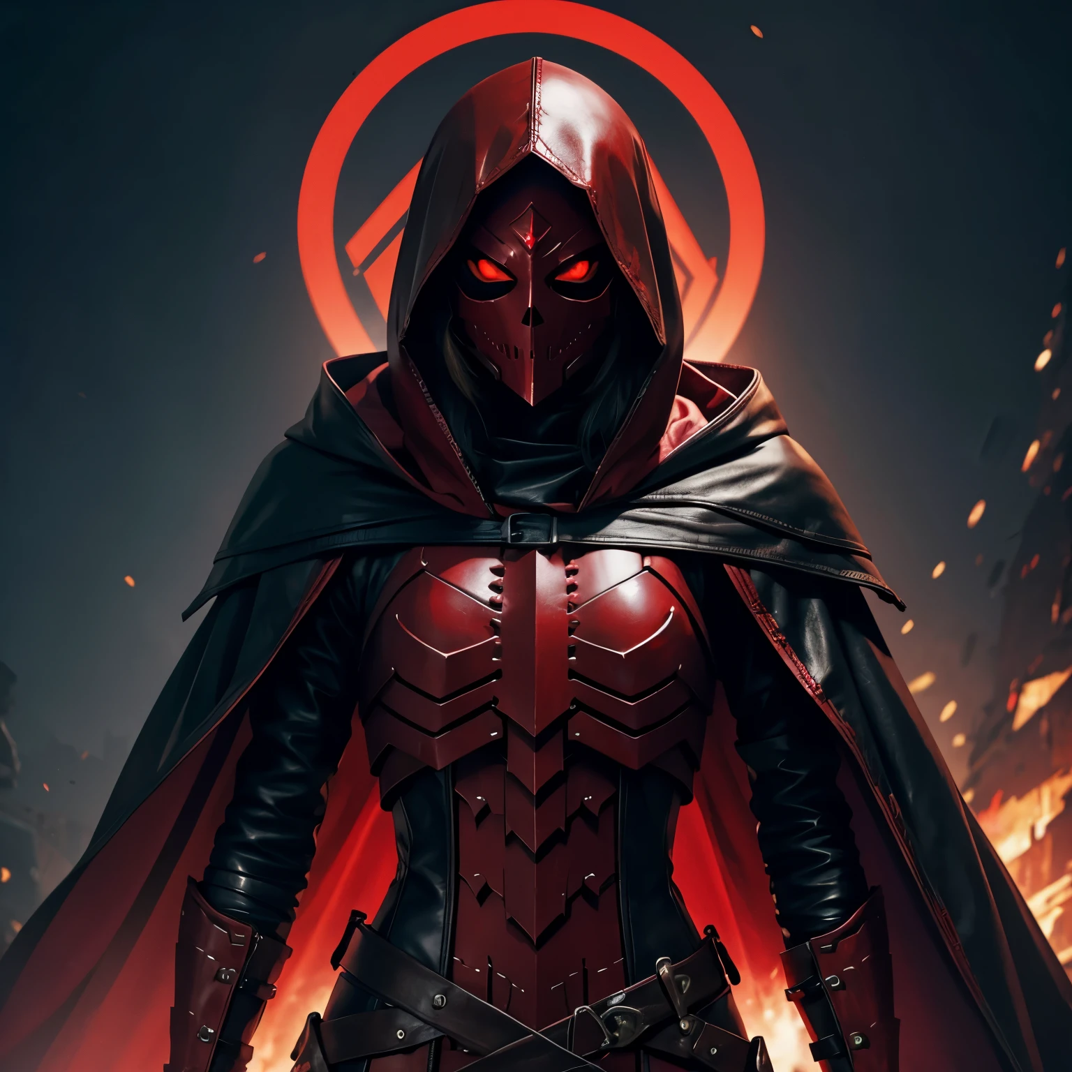 Female red skeleton short body wearing a leather armor and long coat and a full mask with a cloak, bright red eyes