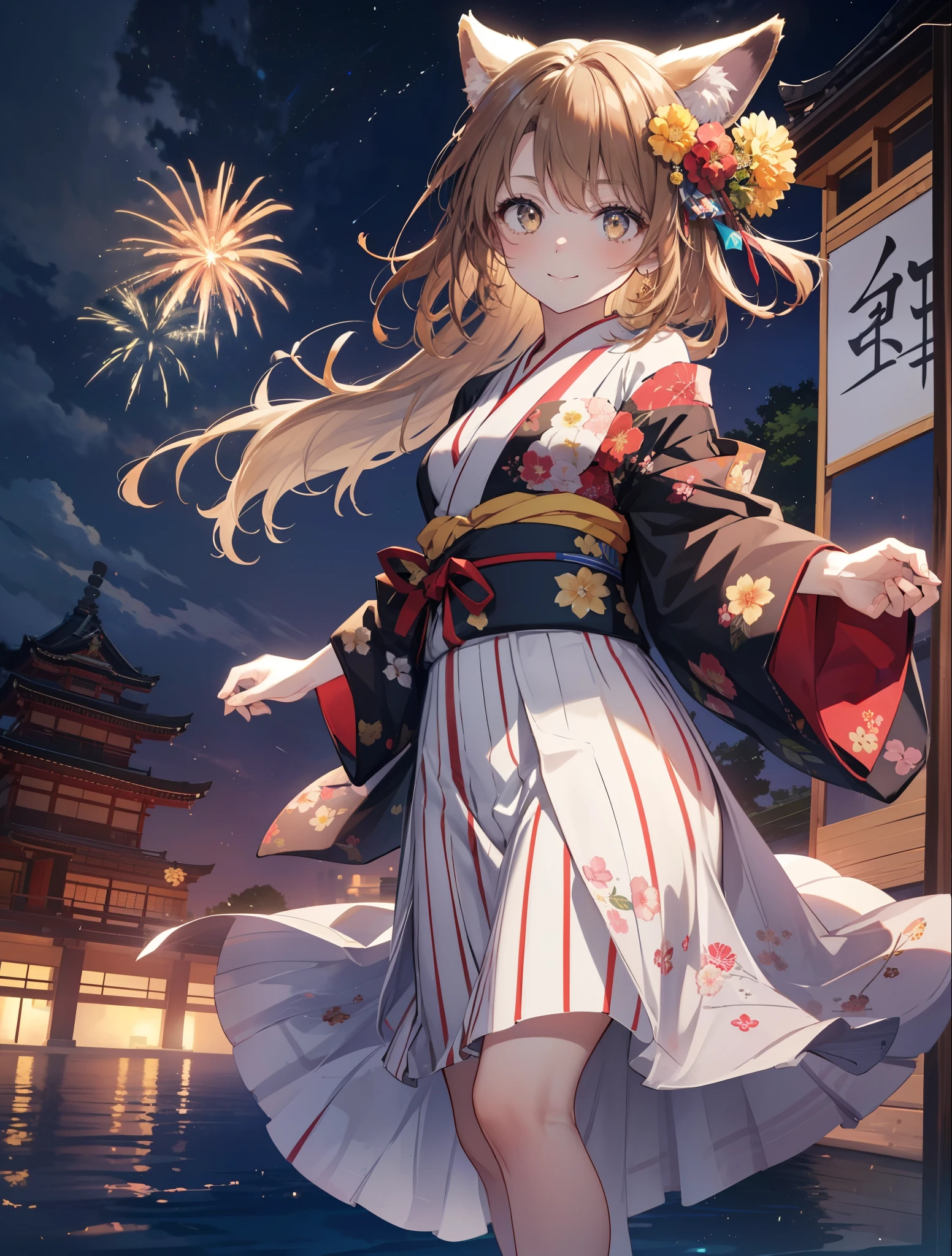 irohaisshiki, Isshiki Iroha, long hair, light brown hair, (brown eyes:1.5), smile,animal ears,fox ears,animal tail　fox tail,flower hair ornament,Yukata with yellow floral pattern,long skirt,Zori sandals,firework in the night sky,firework,The place is a firework display,Time is night,sunny day,Make sure the whole body is included in the illustration,
break outdoors, 神社
break looking at viewer,
break (masterpiece:1.2), highest quality, High resolution, unity 8k wallpaper, (shape:0.8), (beautiful and detailed eyes:1.6), highly detailed face, perfect lighting, Very detailed CG, (perfect hands, perfect anatomy),