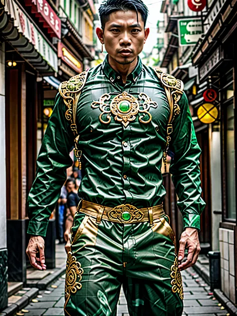 photo of a laos man, wearing (jade shirt), city street, pants, realistic, masterpiece, intricate details, detailed background, d...