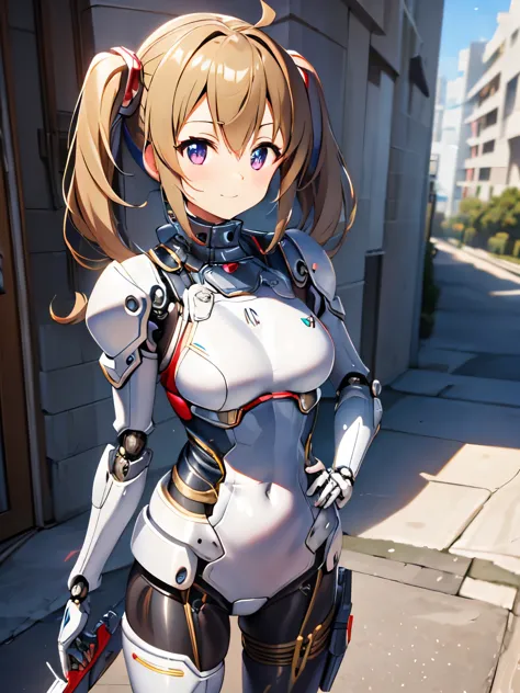 silica in futuristic costume posing for a photo, twin tails、wearing futuristic white armor, Girl wearing mechanical cyber armor,...