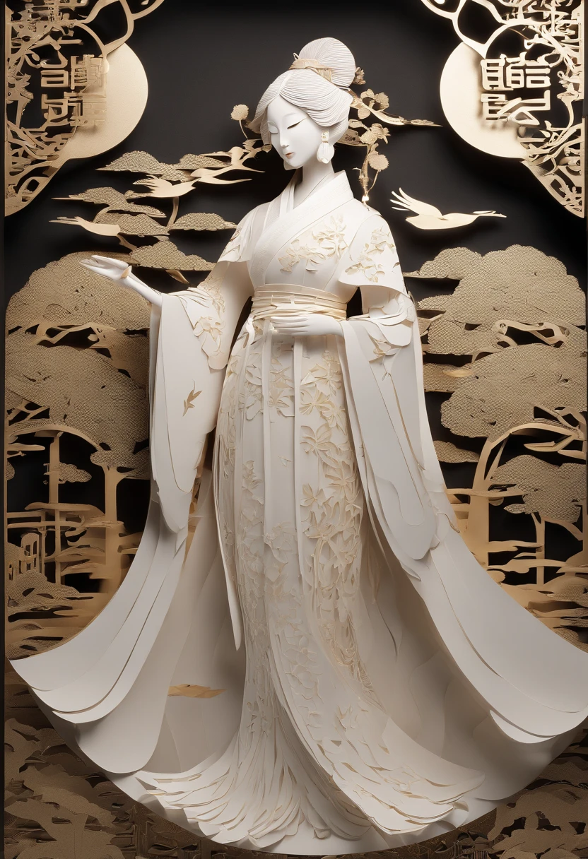 masterpiece, A Chiense woman in a hanfu, beautiful render of a fairytale, in the style of paper art, painting of beautiful, beautiful as the moon, very intricate masterpiece, painted metal, beautiful intricate masterpiece, multiple layers, Mysterious, Ancient China background, purple
